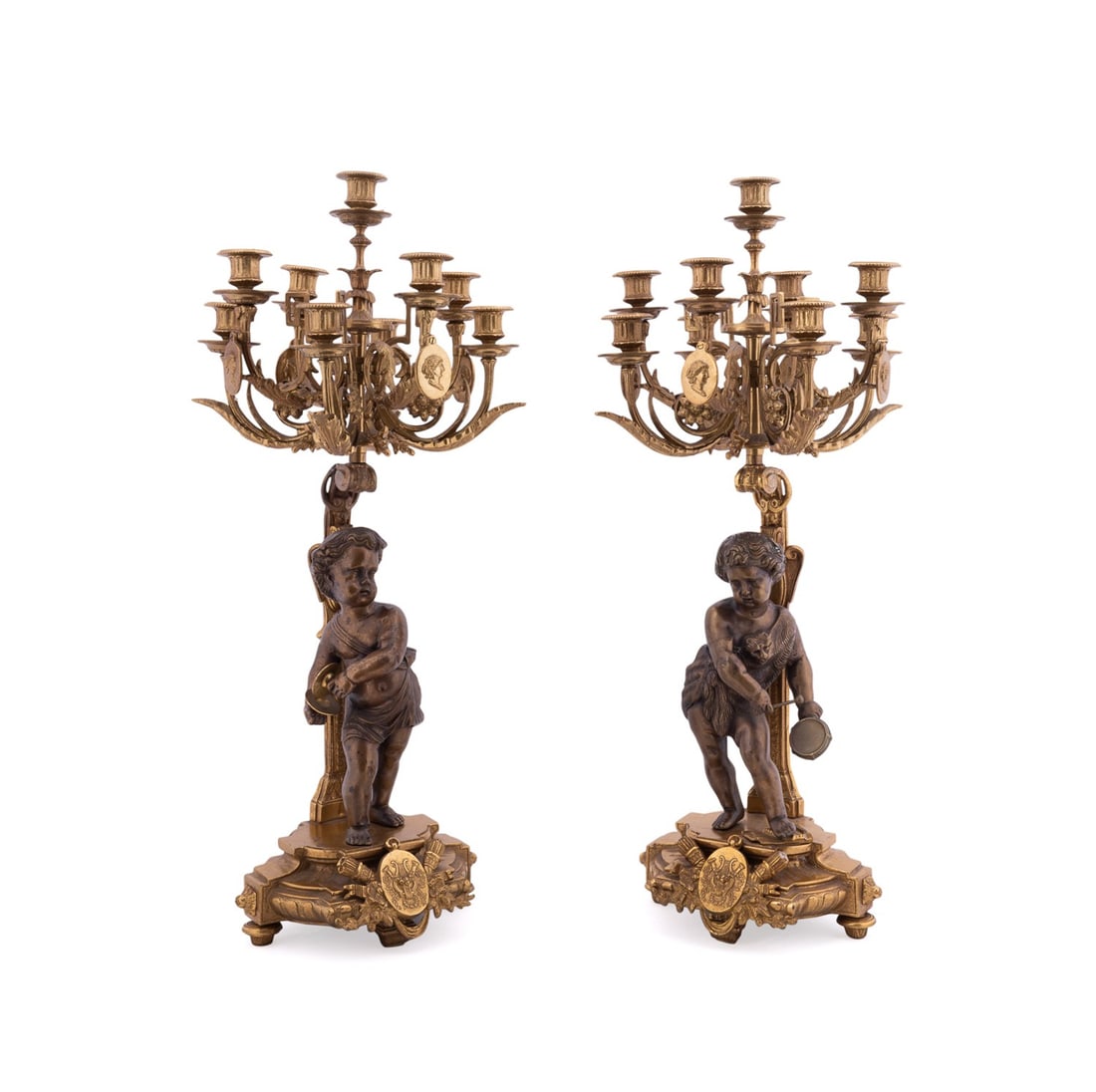 PAIR OF LOUIS XVI STYLE BRONZE PUTTI CANDELABRA (1 of 8)