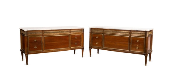 PAIR, 19TH C FRENCH LOUIS XVI MARBLE TOP ENFILADES
