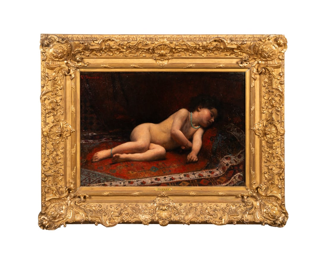 JOSEPH BONNAT, SLEEPING YOUTH, OIL PAINTING: Leon Joseph Florentin Bonnat (French, 1833-1922). "Sleeping Youth" - 19th century, oil on canvas, signed "Ln. Bonnat" to UL, label to verso for Christie's. Framed. Provenance: Christie's New York, "Ni