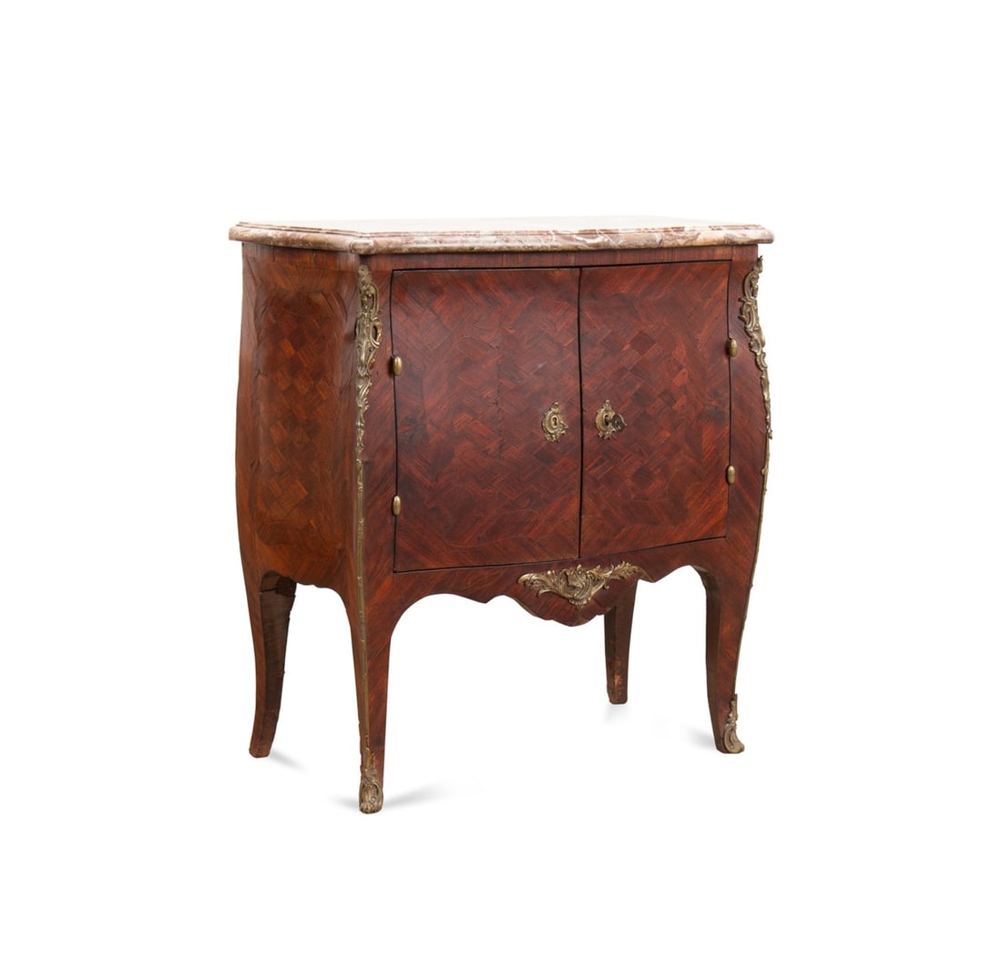 PIERRE DENIZOT LOUIS XV PERIOD BOMBE COMMODE: Pierre Denizot (French (maitre i Paris), 1740-1782) mid-18th century. Louis XV diminutive marble top bombe 2-door rosewood veneer cabinet / commode, having parquetry inlay, olive knuckle hinges, three