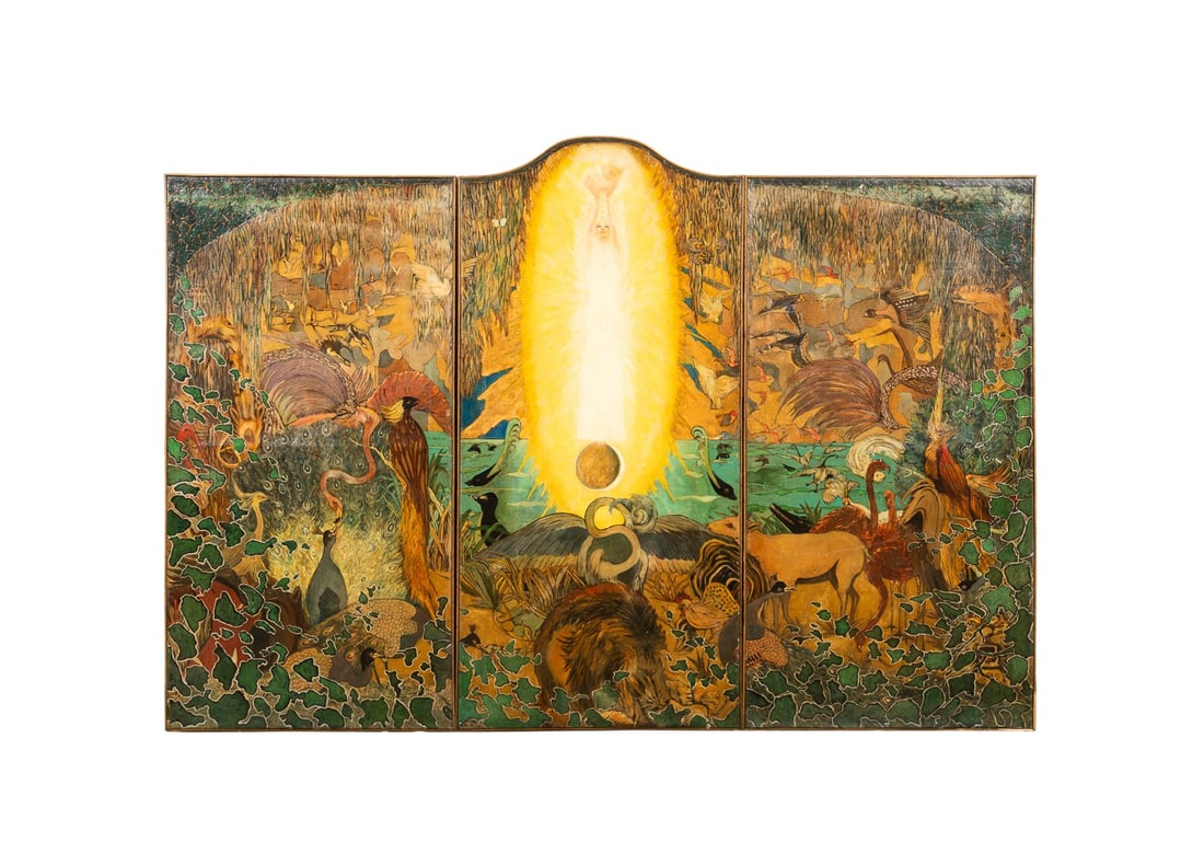 ROY MACNICOL, ART DECO MENAGERIE SCENE TRIPTYCH: Roy Vincent MacNicol (American (New York), 1889-1970). Untitled Triptych - Animal Menagerie Surrounding a Central Figure, circa 1921, oil on canvas, signed to UL on far left panel. Framed. Provenance: