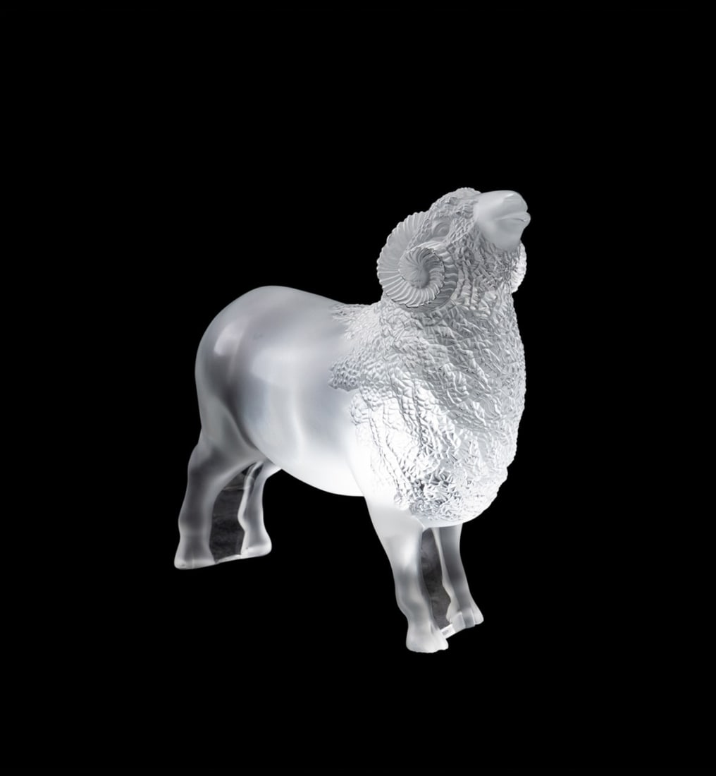 LALIQUE, COLORLESS RAM FIGURE: Lalique (French, founded 1888). Colorless and frosted ram crystal figurine, acid-etched signature "Lalique France" to the underside of hind legs. Provenance: Private Collection of an Esteemed Gentlema