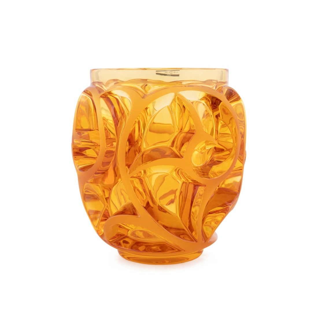 LALIQUE 'TOURBILLONS' AMBER VASE, NO. 973: Lalique (French, founded 1888). Amber "Tourbillons" crystal vase with frosted accents, model number 973, after the original issued in 1926, acid-etched signature "Lalique France" and number "R005" to