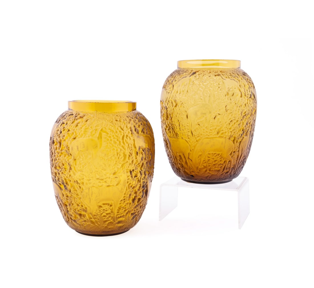 LALIQUE, TWO 'BICHES' CRYSTAL VASES, NO. 1082 (1 of 6)