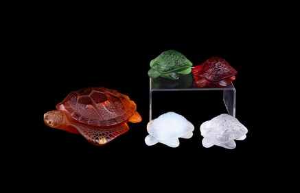 LALIQUE, GROUP OF FIVE CRYSTAL TURTLE FIGURES
