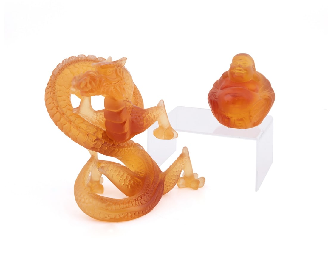 DAUM, TWO AMBER FIGURES, DRAGON AND BUDAI (1 of 8)