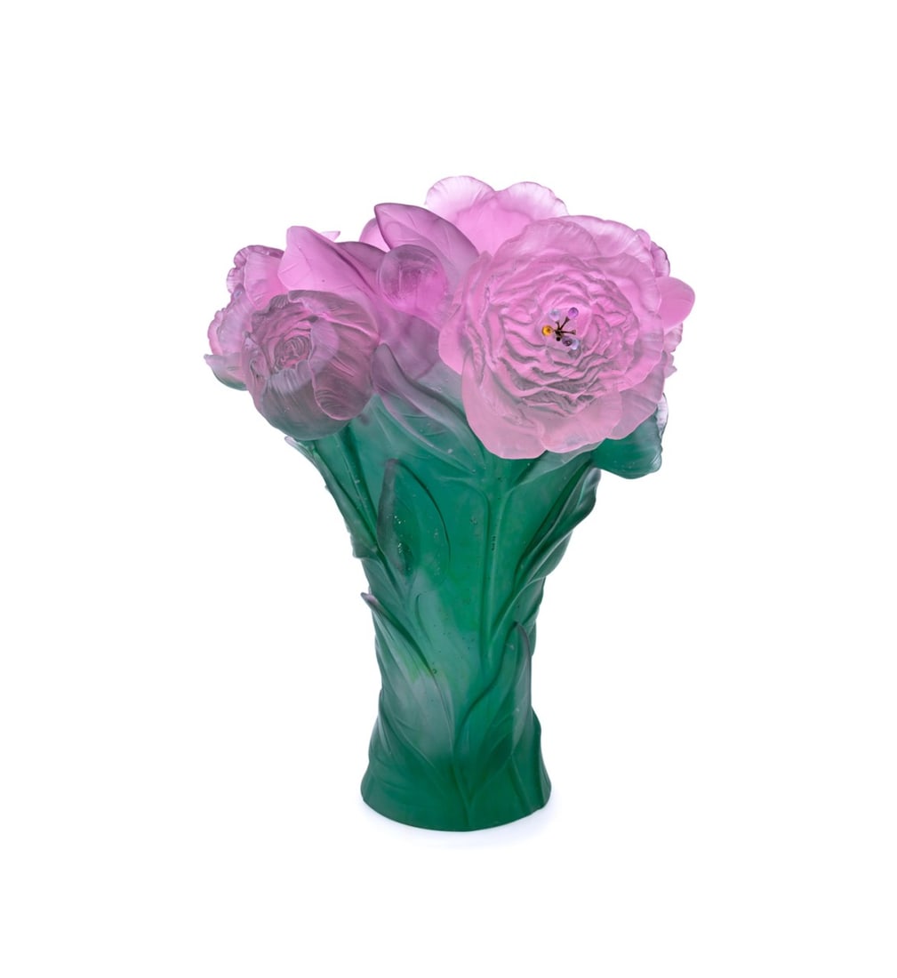 DAUM PATE DE VERRE ROSE BOUQUET VASE: Daum (French, founded 1878), contemporary. Pink and green rose bouquet pate de verre vase, having small colored glass accents at flower's center, etched "Daum France" and editioned 10/50 at base. Prov