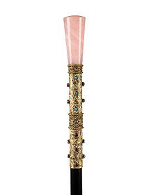 HUNGARIAN ROSE QUARTZ & ENAMEL WALKING CANE: Hungarian, circa 1870. Walking cane with rose quartz top set on silver gilt and enamel handle decorated with semi-precious stones including turquoise and garnet, with ebonized hardwood shaft terminati