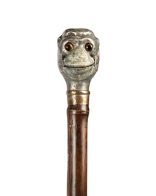 FRENCH PEWTER MONKEY AUTOMATA WALKING CANE