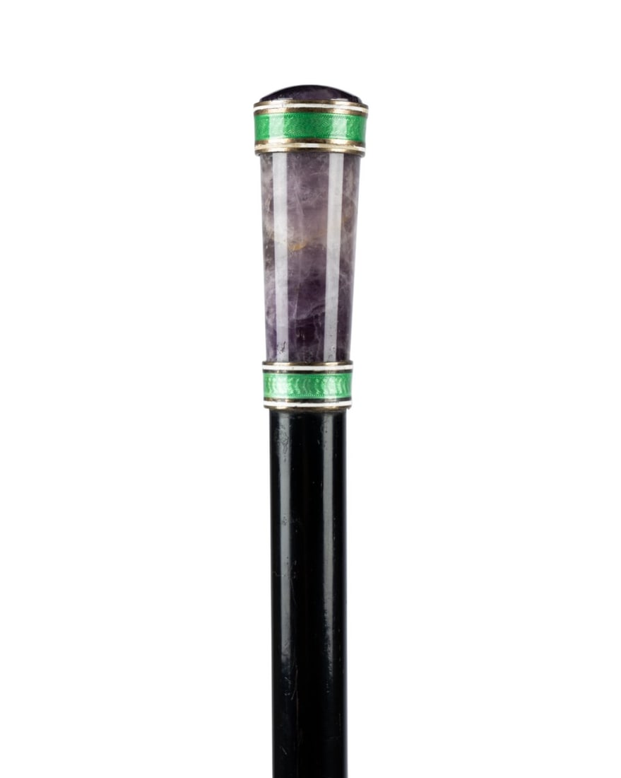 19TH C. AMETHYST & ENAMEL WALKING CANE: Austro-Hungarian, circa 1890. Dress walking cane with highly polished amethyst stone handle with two silver bands overlaid with green enamel and white borders, small silver collar attaching handle to