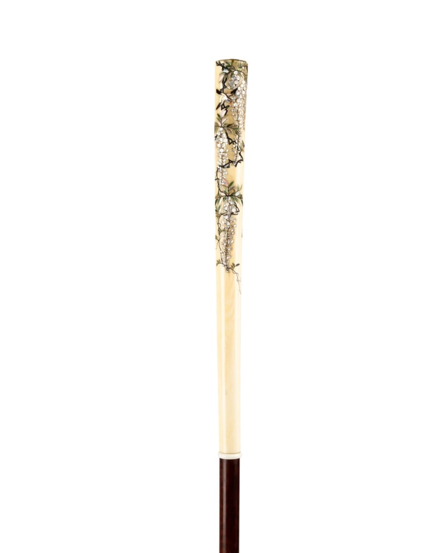 19TH C. JAPANESE MEIJI SHIBAYAMA WALKING CANE: Japanese, circa 1890. Meiji period shibayama walking cane with turned straight and fluted bone handle decorated with flowering branch, hanging blossoms, bird, and butterfly in mother of pearl, jade, h