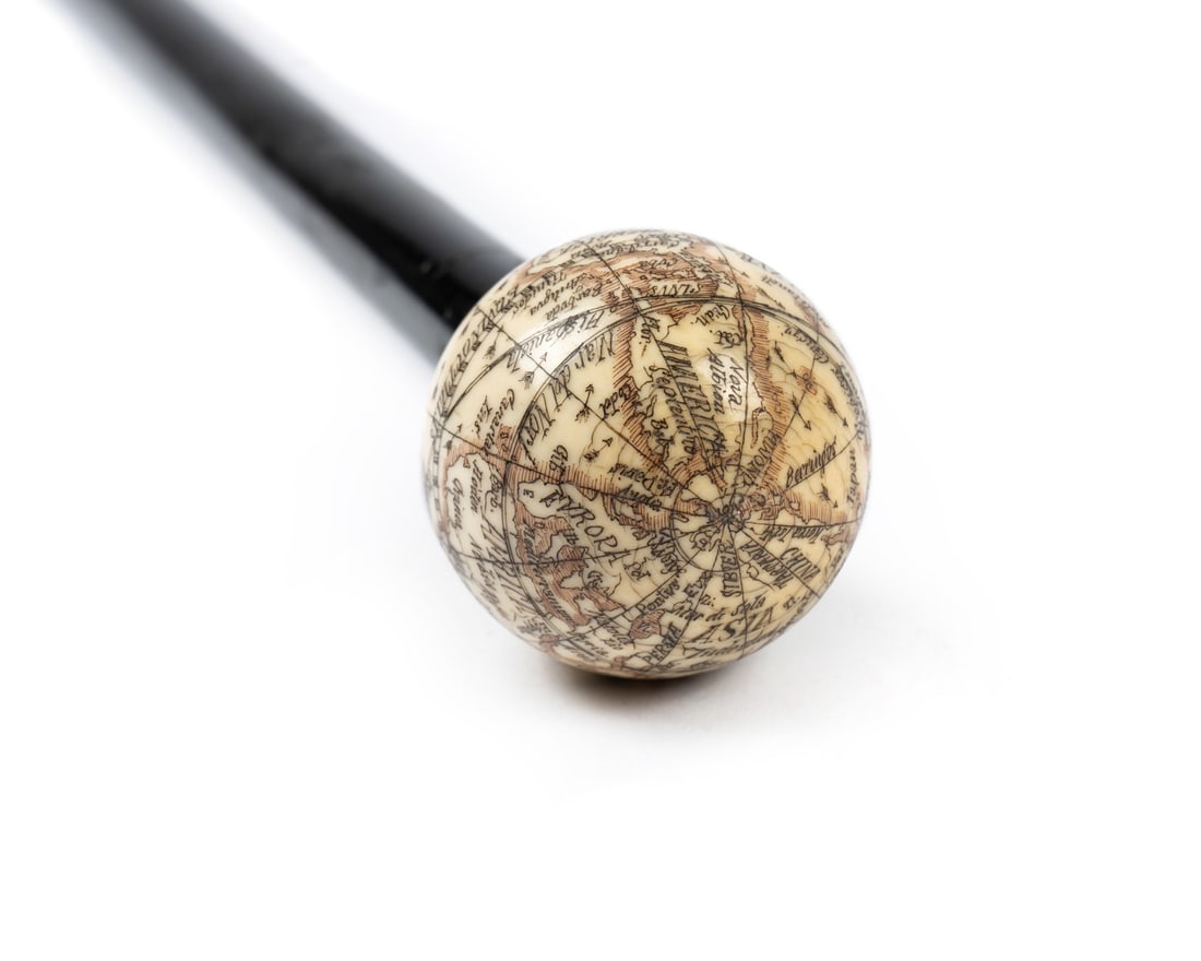 ENGLISH CARVED GLOBE HANDLE CANE, C. 1880 - 2