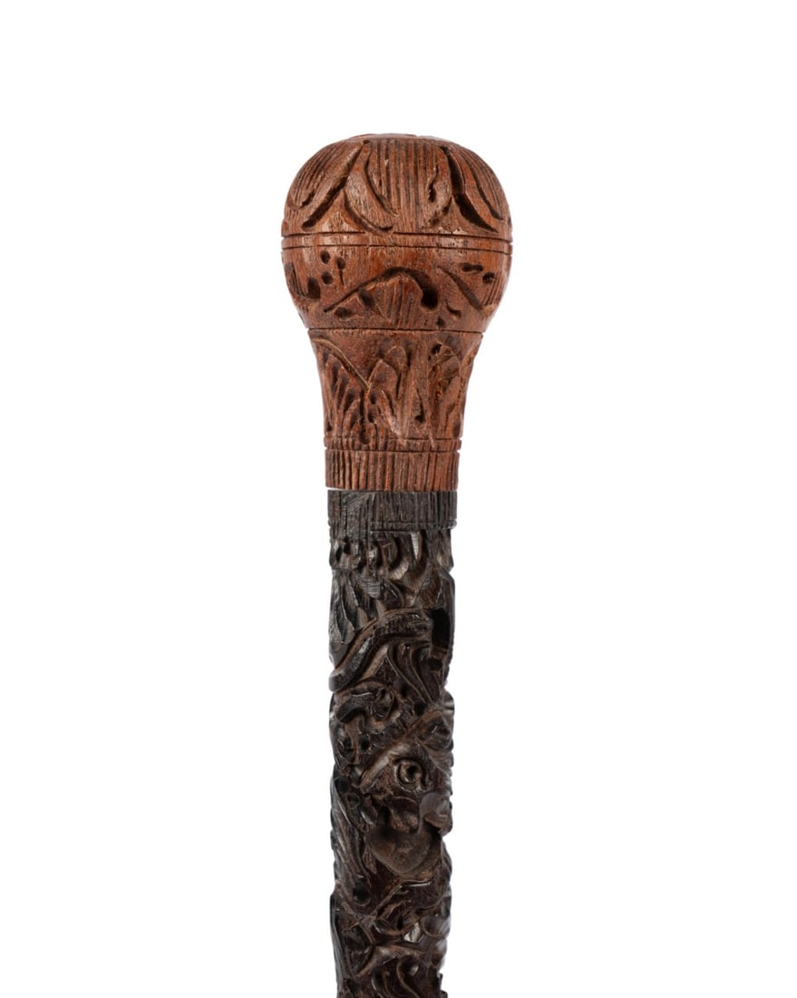 ANGLO-INDIAN CARVED WOOD SHORT CANE, C. 1900 (1 of 7)