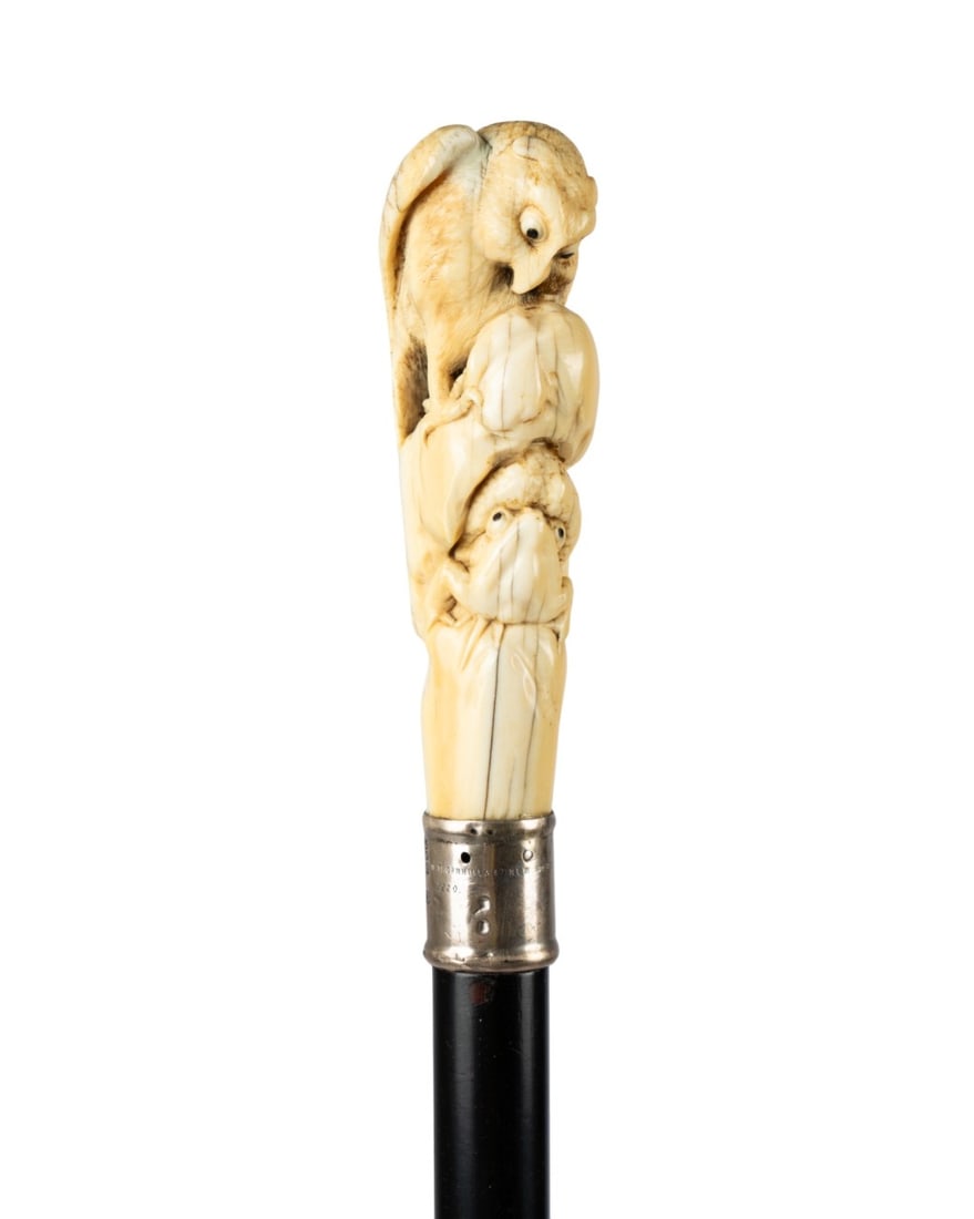 ENGLISH OWL & FROG HANDLE WALKING CANE, 1883 (1 of 6)