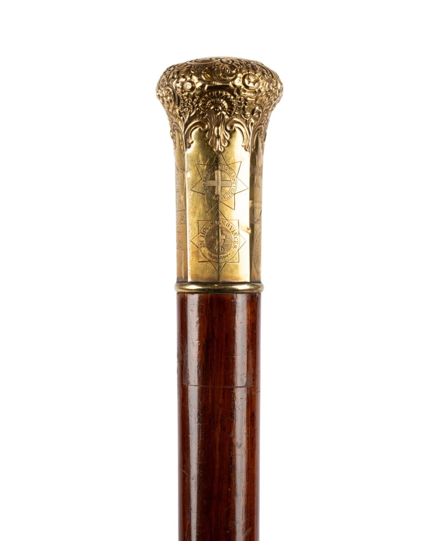 19TH C. AMERICAN MASONIC PRESENTATION CANE: American, circa 1890. Walking cane with gilt-handled dome top with Masonic symbols and crosses on the side, engraved at the top "Bro. Geo. Hoadley, From Members of Gibulam Lodge of Perfection," with n