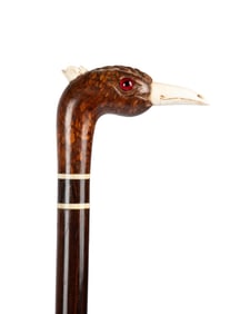 FRENCH SNAKEWOOD BIRD SMOKER'S CANE, C. 1910