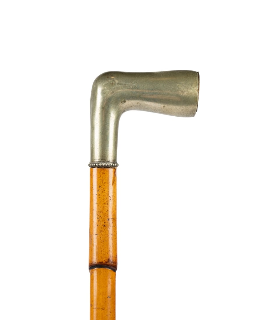 19TH C. DANISH SILVER & MALACCA PIPE CANE: Danish, circa 1850. Walking cane with silver bowl handle and silver beaded collar, six-section Malacca shaft burned "Patent O Holts", unscrewing horn ferrule revealing pipe mouthpiece. Approximate mea