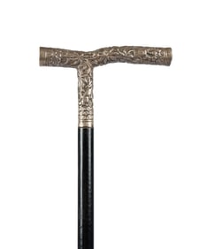 CHINESE SILVER RELIEF HANDLE WALKING CANE