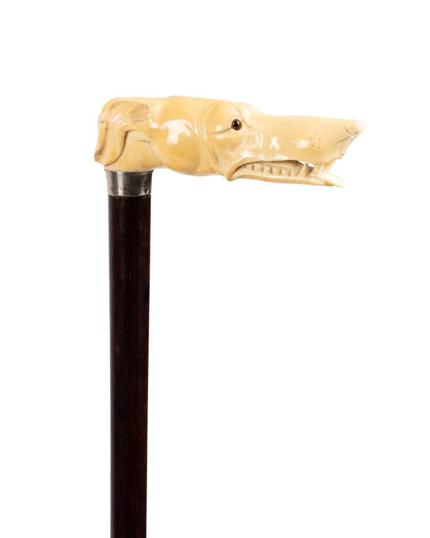 19TH C. AMERICAN GREYHOUND WALKING CANE: American, circa 1880. Walking cane with bone handle carved as a greyhound with pointed nose, yellow glass eyes, open mouth, and protruding tongue, with 0.5" sterling-marked collar, rosewood shaft, and