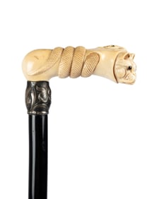 ENGLISH SNAKE & DOG HANDLE WALKING CANE, C. 1880