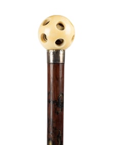 ENGLISH ROSE LATHE MYSTERY BALL CANE, C. 1820