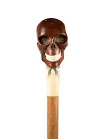 ENGLISH MAHOGANY SKULL WALKING CANE, C. 1920