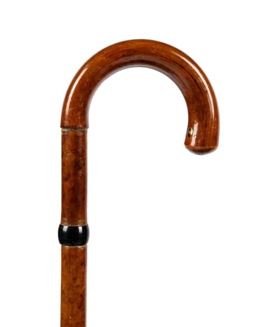 GERMAN JAKI DRP TRIPOD WALKING CANE, C. 1920: German, circa 1920. Walking cane with Malacca crook handle joined to Bakelite collar, handle unscrews to reveal threaded metal camera seat marked "Jaki" attached to collapsible tripod legs, the