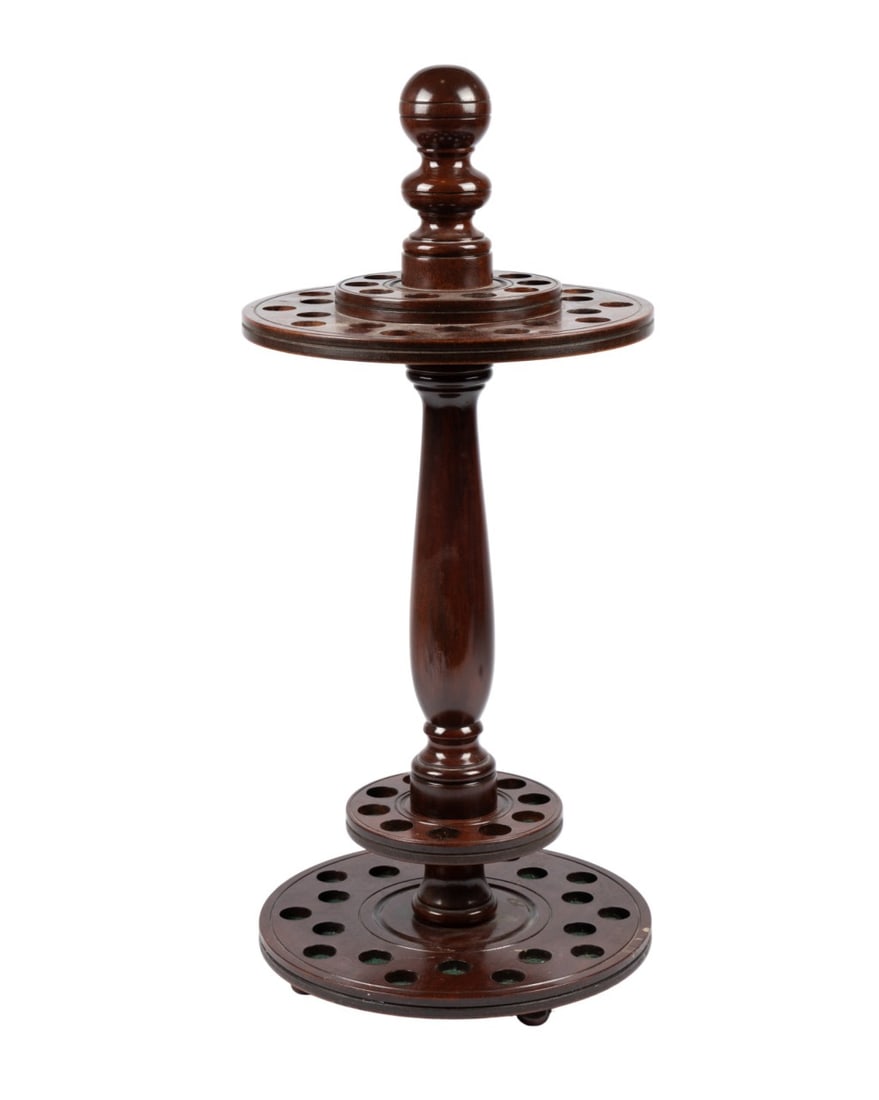 WALKING CANE DISPLAY STAND: Walking cane display stand of stained wood with capacity for 30 walking canes, three rounded arms radiating from central hub with cane openings, and turned wood knob finial at top. Approximate measure