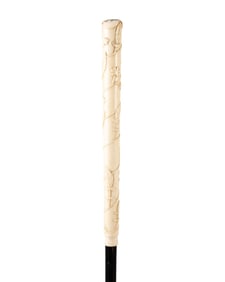 GERMAN CARVED BONE LONG HANDLED CANE, C. 1860