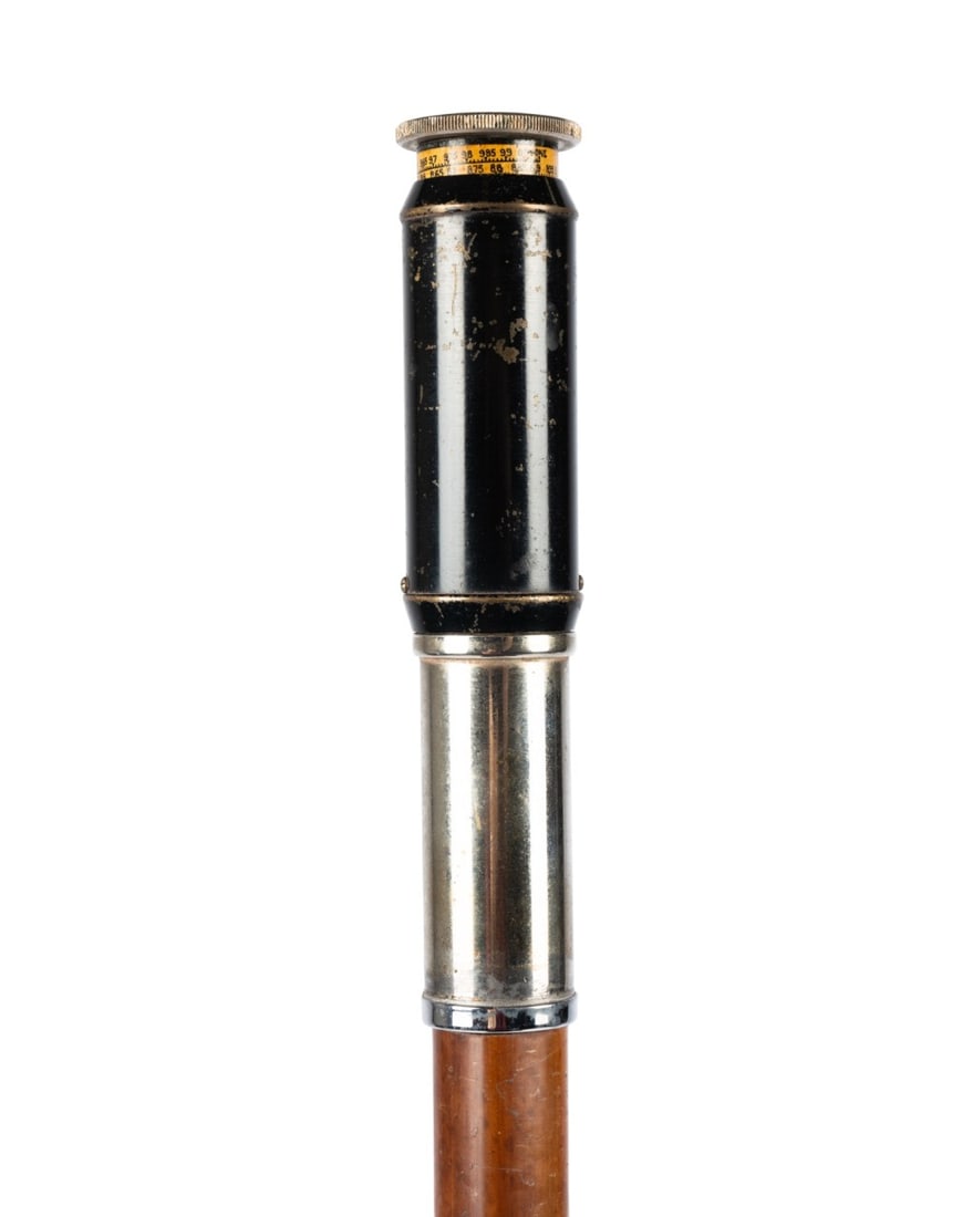 ENGLISH OTIS KING'S POCKET CALCULATOR CANE: English, circa 1920. Cane with an Otis King pocket calculator slide rule handle that pulls up for use, with a chrome and metal handle on a Malacca shaft terminating at a metal ferrule. Approximate