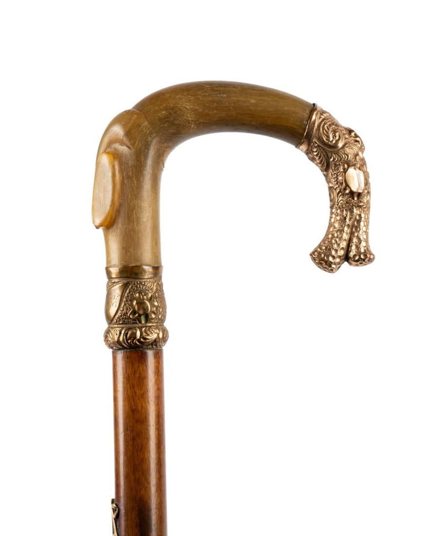 19TH C. CARVED HORN & GILT CROOK HANDLED CANE (1 of 8)