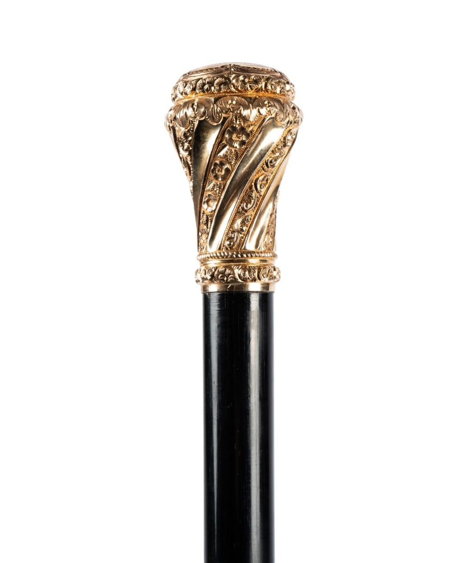19TH C. AMERICAN GILT KNOB PRESENTATION CANE: American, 1891. Walking cane with gold plated handle with intricate swirl decorations, cartouche at the top engraved "Thomas S. Truair From The Trustees Of The First Presbyterian Society May 16th, 189