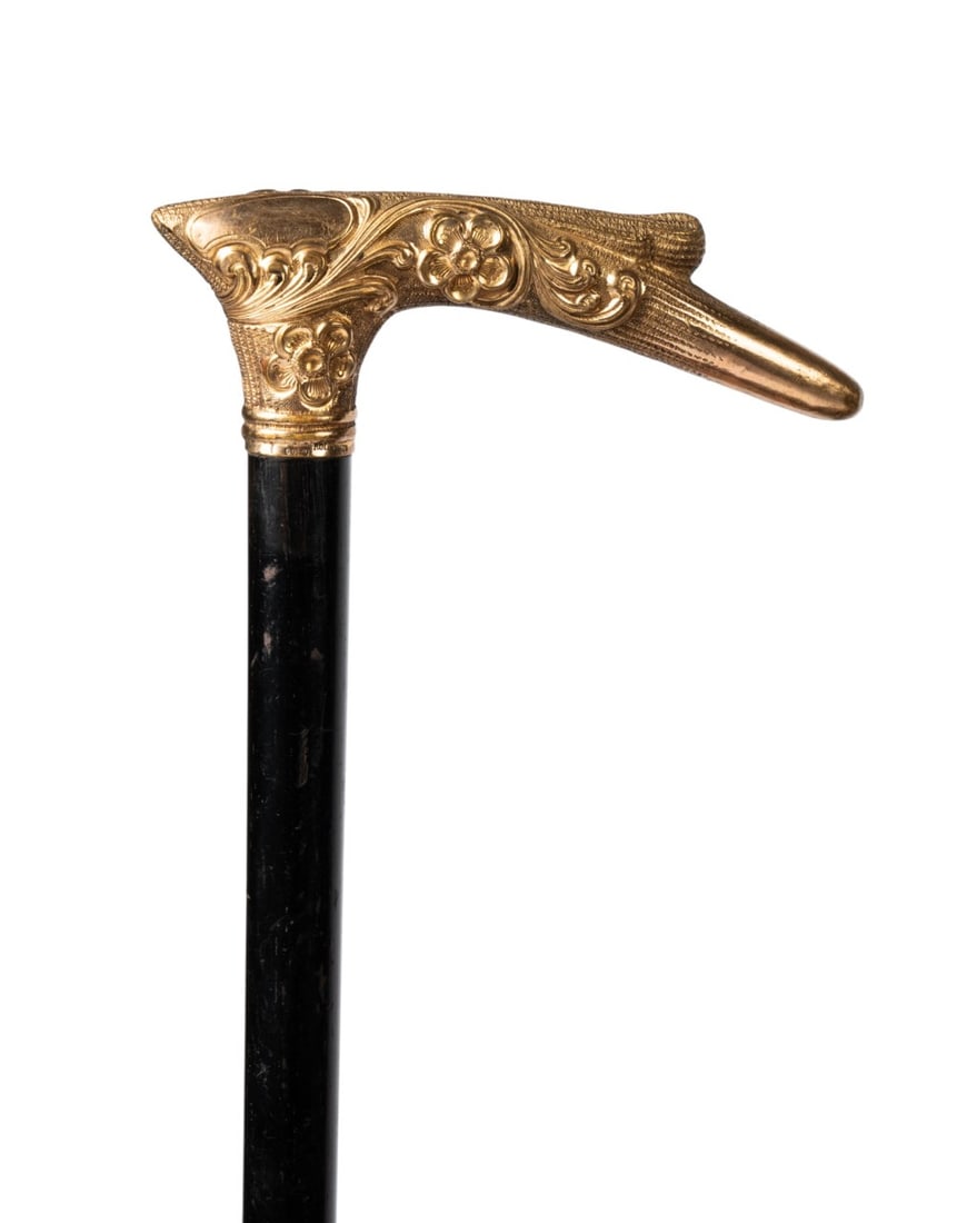 19TH C. ORNATE ROLLED GOLD HANDLE WALKING CANE (1 of 5)
