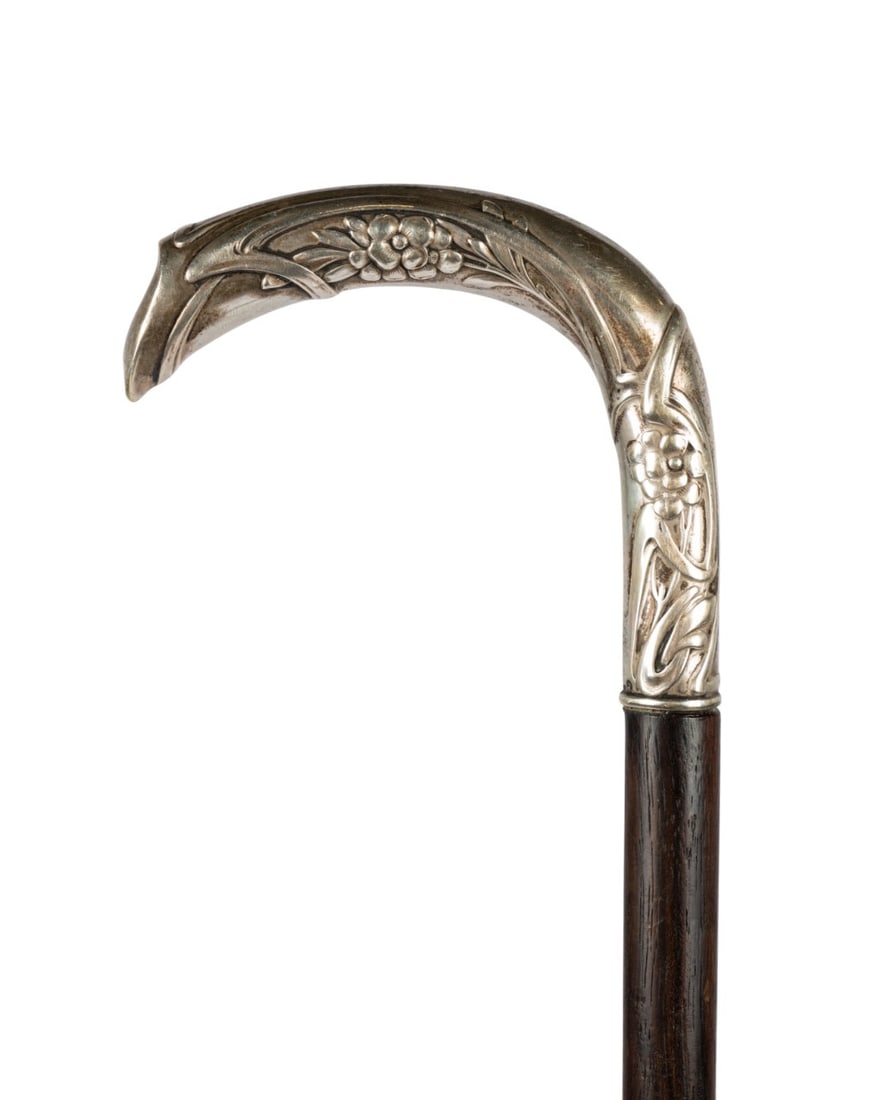 GERMAN JUGENDSTIL STYLE SILVER WALKING CANE - 2