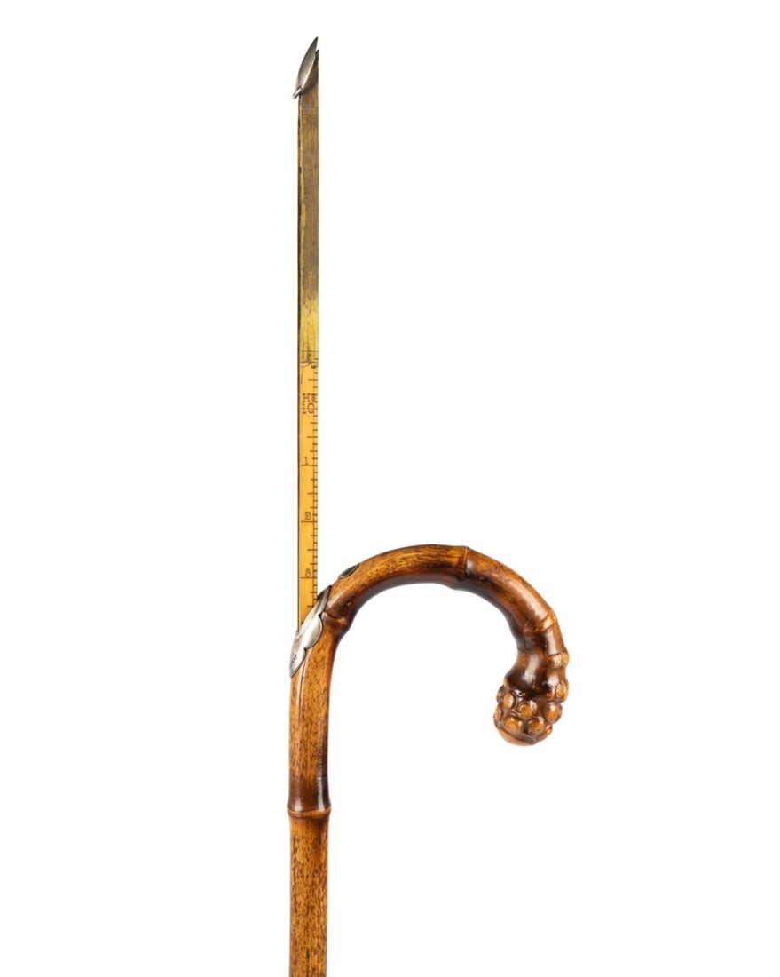 19TH C. ENGLISH HORSE MEASURING GADGET CANE: English, circa 1860. Gadget walking cane with bamboo crook handle showing natural knots, brass pull at base of handle extending measuring stick, brass rod with lever attached by hinge to ensure