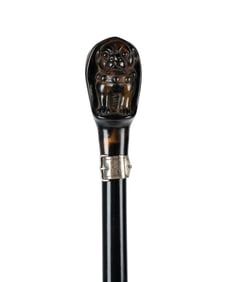 ENGLISH CARVED SHELL PUG HANDLE WALKING CANE