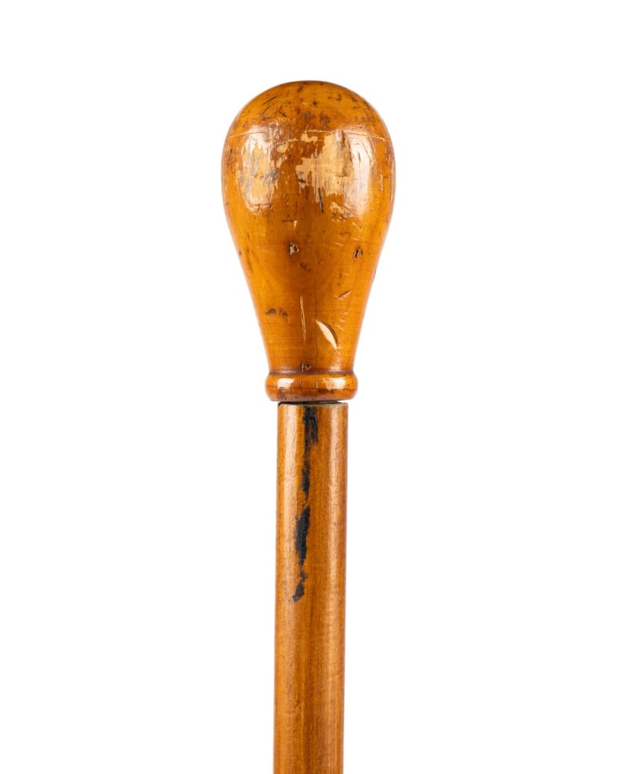 ENGLISH PENCIL GADGET CANE, C. 1920: English, circa 1920. Gadget walking cane with oak knob handle revealing lead pencil when removed, shaft of oak with previous owner’s name "Robert Dawson" in gilt, terminating in brass ferrule. 