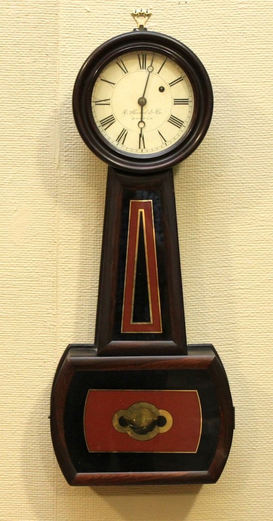 E. Howard #5 Banjo Clock: Circa 1890. Original metal dial with original finish & original painted tablets. Weight driven 8 day. Measures 29" tall.