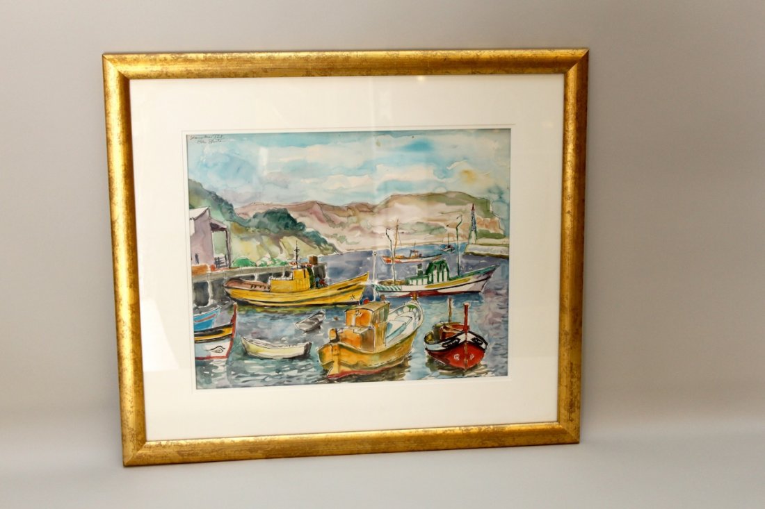 Ben Shute Watercolor: Sesimbra, Port. Measures 26"T x 30"W overall.
