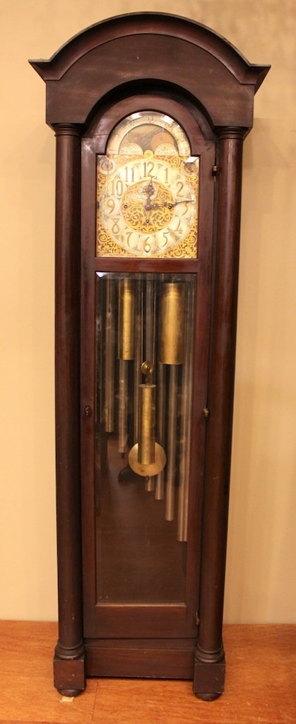 American Herschede Nine Tube Grandfather Clock: Mahogany Model 86, Case 24, C. 1913. With Premium Nine Tubular Bell Movement. 93"T x 28 1/2"W x 19"D.