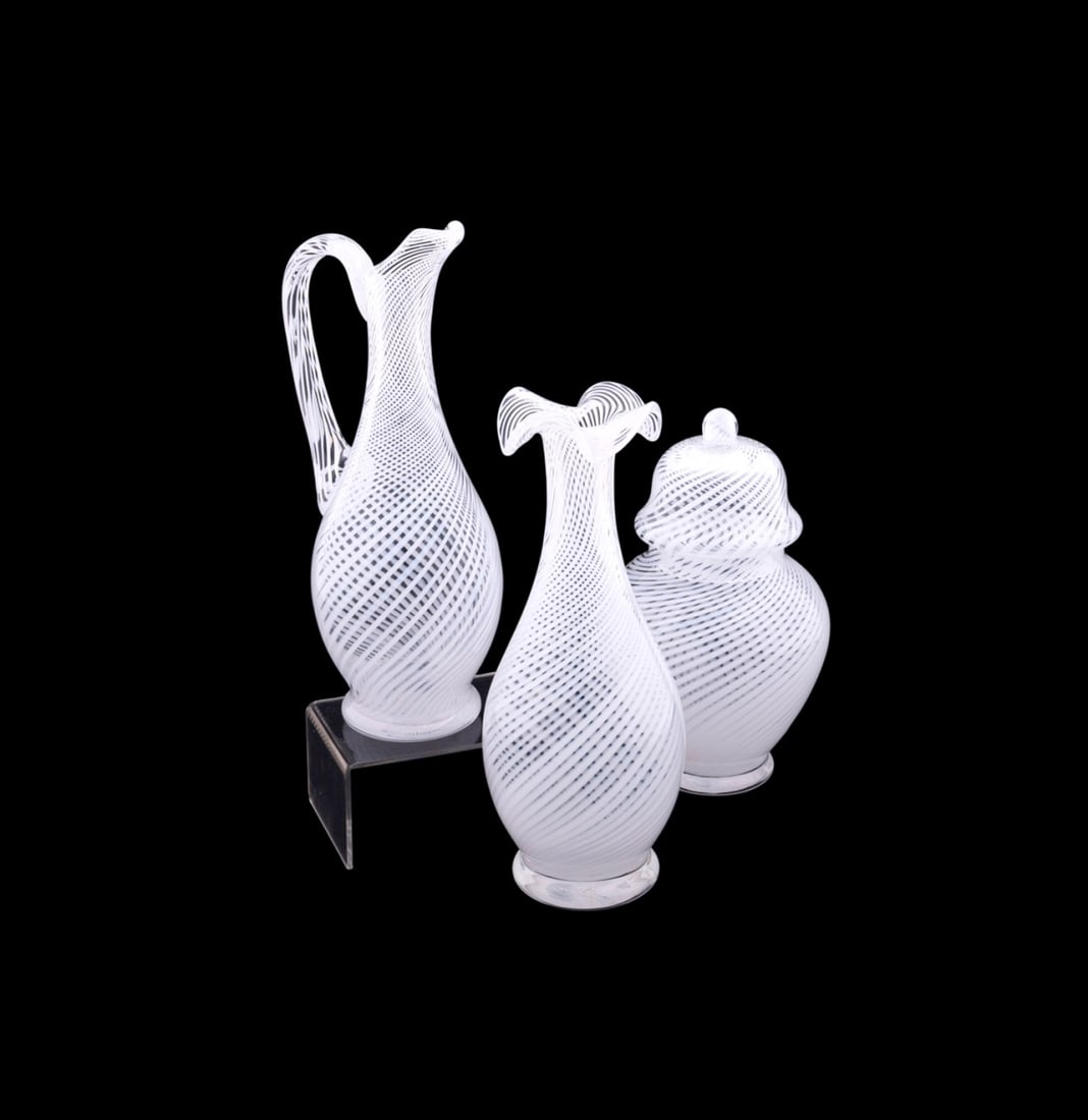 MURANO LATTICIO TABLE ARTICLES, THREE-PIECE (1 of 6)