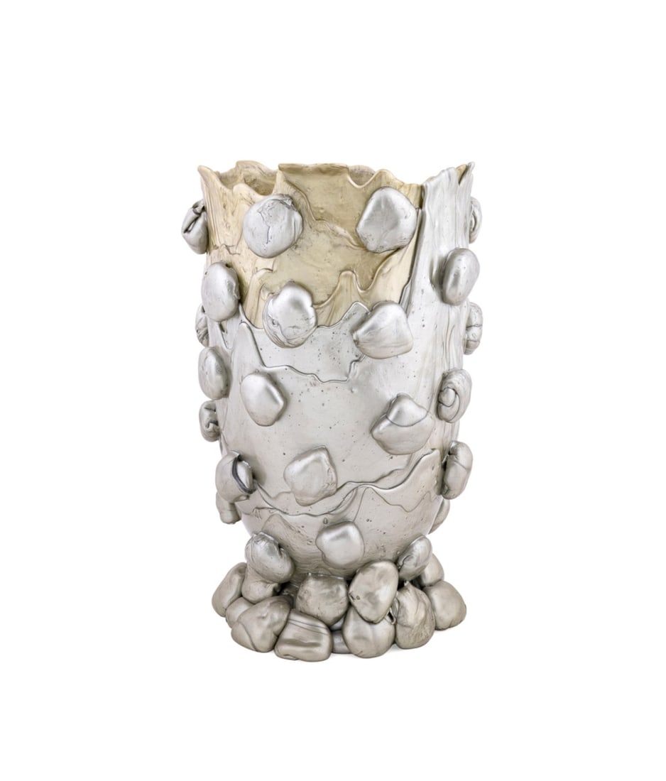 GAETANO PESCE, 'XL NUGGET' SOFT RESIN VASE, 2/5: Gaetano Pesce (Italian, 1939-2024), 2005. Large limited edition Fish Designs silver soft resin "XL Nugget" footed vase, appropriately marked and numbered 02 of 05. Approximate dimensions: h. 24.25", w