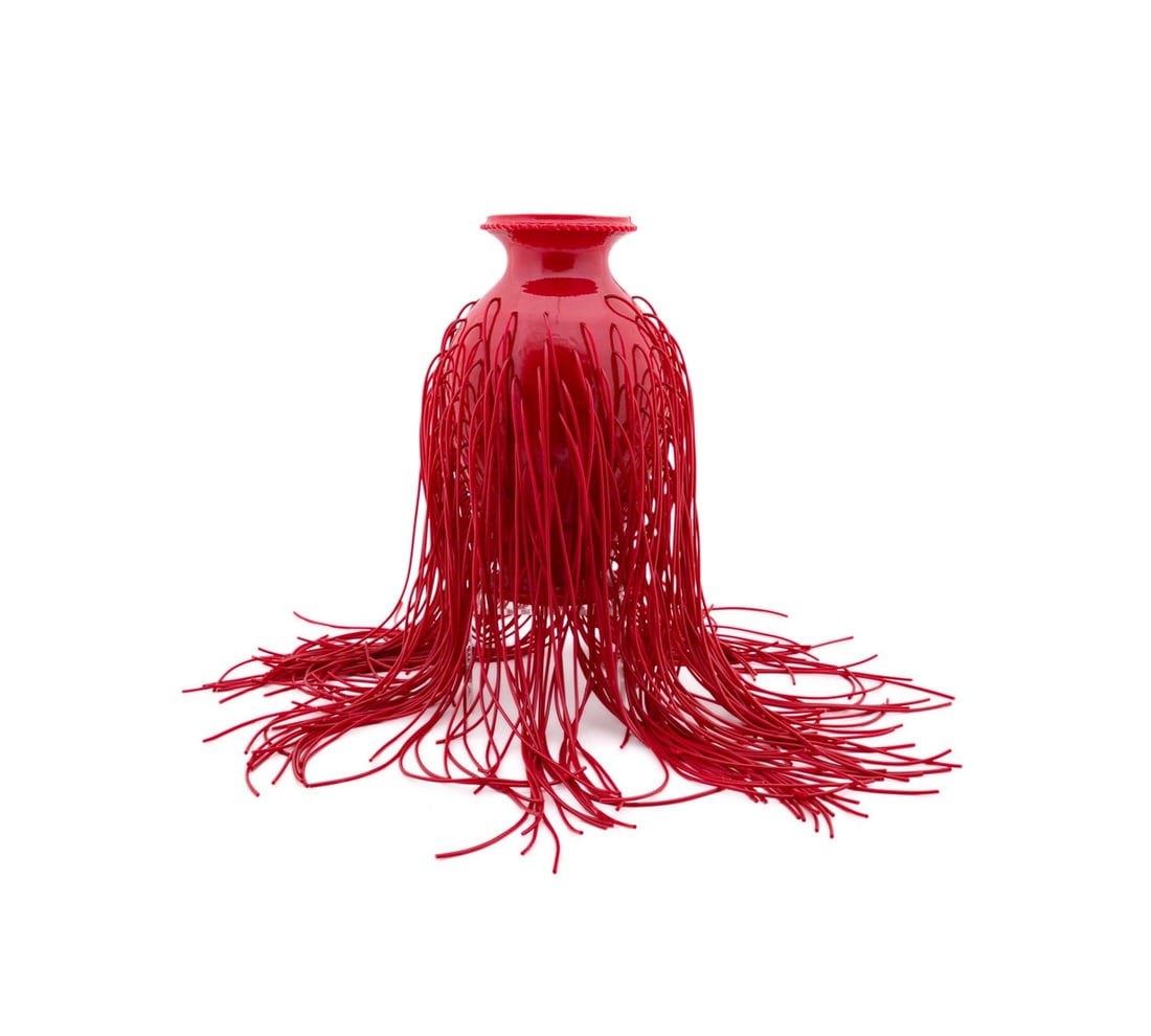 EELKO MOORER RED RUBBER 2007 'JUNGLE' VASE: Eelko Moorer (Dutch, born 1975). "Jungle Vase" - 2007, red polyurethane rubber and silicone rubber, impressed maker's mark to underside. Approximate dimensions: h. 29.5" (w/ silicone fringe), dia. 10.