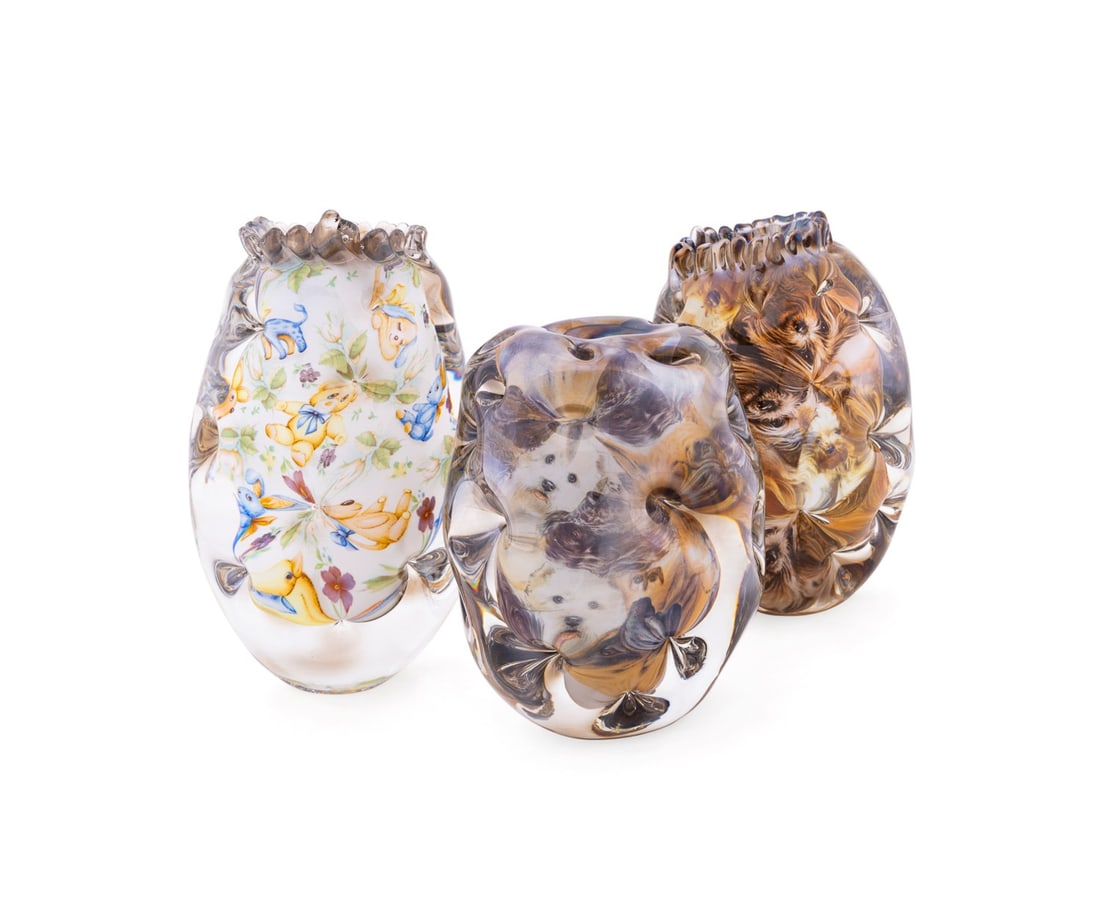 PER B. SUNDBERG FOR ORREFORS, THREE FABULA VASES: Per Bertil Sundberg (Swedish, born 1964) for Orrefors (Swedish, founded 1898) early 21st century. Assortment of three Fabula or Arial series colorless blown crystal vases with polychrome printed image