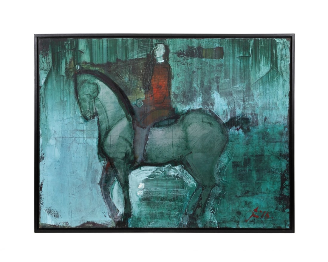 SERGIY HAI, 'REDJACKET RIDER', 2016, OIL ON CANVAS: Sergiy Hai (Ukrainian, born 1959). "Redjacket Rider" - 2016, oil and acrylic on canvas, signed and dated to LR gallery label for TEW Galleries, Atlanta, GA to verso. Framed. Note: "Redjacket Rider" wa