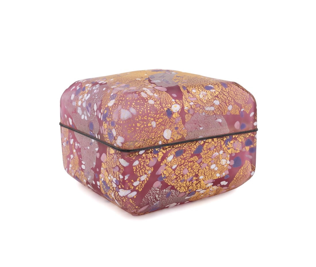 KYOHEI FUJITA, GOLD LEAF ON GLASS HANAFUBUKI BOX: Kyohei Fujita (Japanese, 1921-2004). Untitled - Pink and White Cherry Blossom (Hanafubuki) Box, blown glass with silver and gold leaf and silverplated rim, acid etched signature to underside. Provenan