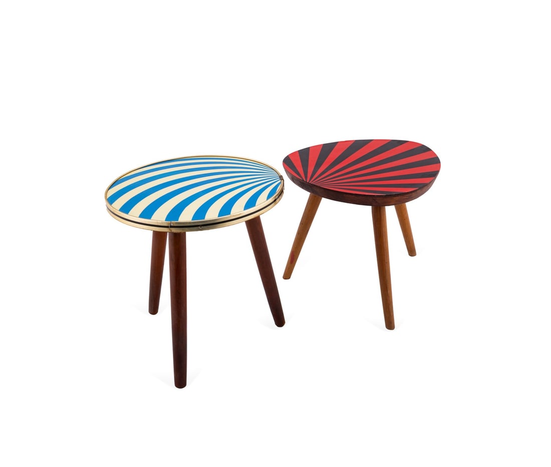 TWO SMALL MID-CENTURY RADIAL MOTIF PLANT STANDS: German, 1950s. Mid Century Modern small radial motif plant stands or drink tables with painted tops on tapered legs, wood, brass edges, and paint, apparently unmarked. Provenance: Private Collection o