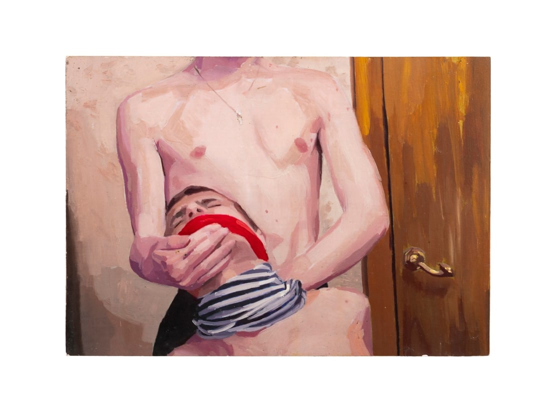 JUAN TESSI, UNTITLED EROTIC SCENE, OIL ON BOARD: Juan Tessi (Peruvian, born 1972). Untitled - Erotic Scene with Male Figures, oil on board, apparently unsigned. Unframed. Approximate dimensions: board h. 8", w. 11".