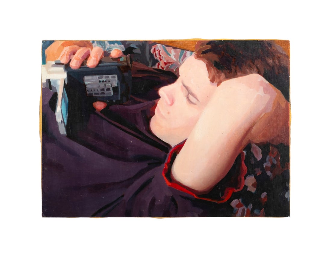 JUAN TESSI, UNTITLED PORTRAIT, OIL ON BOARD: Juan Tessi (Peruvian, born 1972). Untitled - Portrait of a Young Man Looking at Video Camera, oil on board, apparently unsigned. Unframed. Approximate dimensions: board h. 8", w. 11".