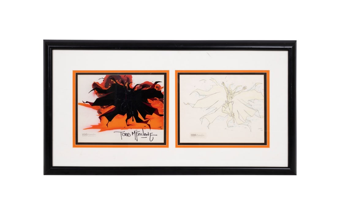 TODD MCFARLANE, 'SPAWN' PRODUCTION CEL AND DRAWING: Todd McFarlane (Canadian, born 1961). Original hand painted production cel and matching original drawing framed as pair from "Spawn" Season 1 - ink and paint on cel sheets, pencil and colored pencil o